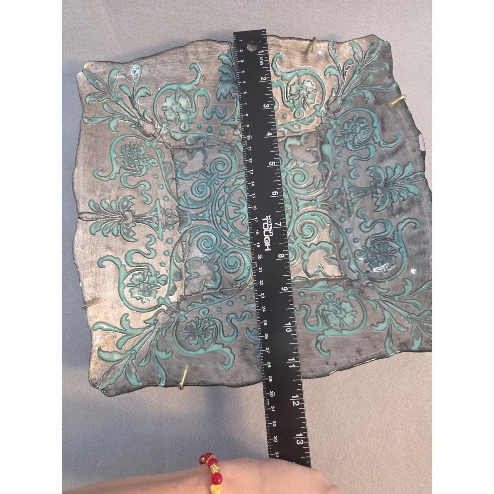 Vintage Turkish Art Glass Platter Square Reverse Painted Turquoise‎ Silver 11